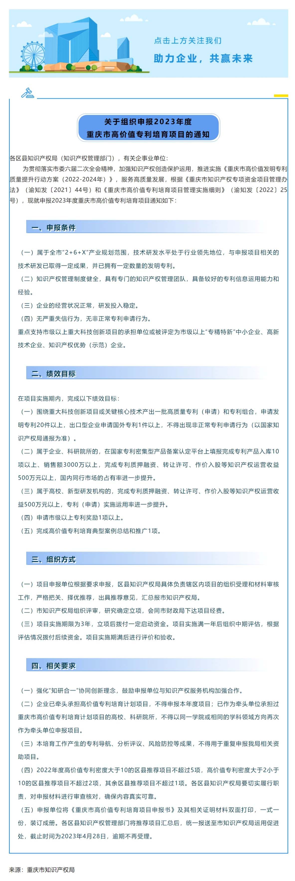 关于组织申报2023年度重庆市高价值专利培育项目的通知